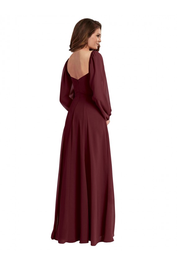 Online Dunkler Burgunder A-Linien Quadrat Ausschnitt Chiffon Lange Brautjungfernkleider
