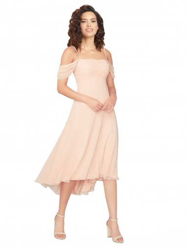 Online Eisrosa A-Linien Quadrat Ausschnitt Midi Chiffon Kurze Brautjungfernkleider