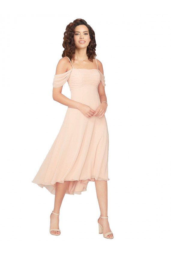 Online Eisrosa A-Linien Quadrat Ausschnitt Midi Chiffon Kurze Brautjungfernkleider