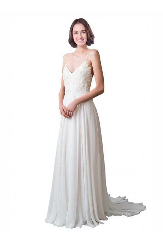 Online Elfenbein A-Linien Spaghetti-Träger V-Ausschnitt Kapelle-schleppe Chiffon Spitze Strand Brautkleider