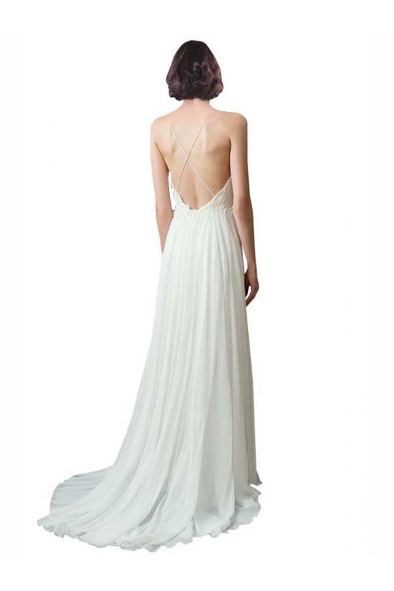 Online Elfenbein A-Linien Spaghetti-Träger V-Ausschnitt Kapelle-schleppe Chiffon Spitze Strand Brautkleider