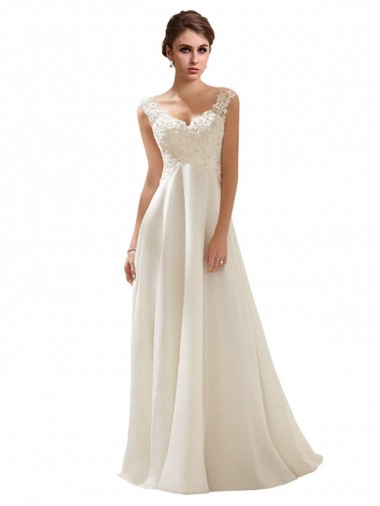 Online Elfenbein A-Linien V-Ausschnitt Sweep Zug Chiffon Spitze Brautkleider