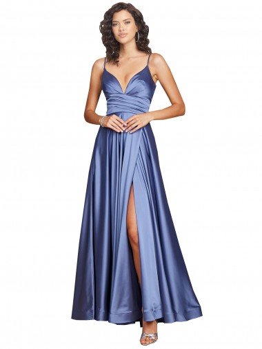 Online Französisch Blau A-Linien Spaghetti-Träger Seidiger Satin Lange Formale Brautjungfernkleider / Abendkleider / Abiballkleider