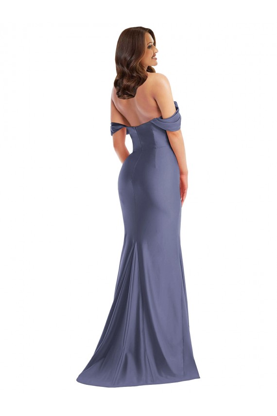 Online Französisch Blau Meerjungfrau Off-Schulter Seidiger Satin Lange Formale Brautjungfernkleider / Abendkleider / Abiballkleider