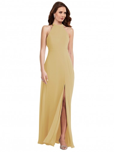 Online Gold A-Linien Neckholder Chiffon Lange Brautjungfernkleider