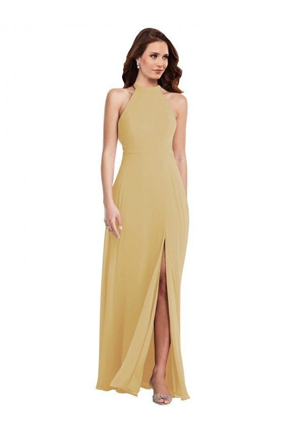 Online Gold A-Linien Neckholder Chiffon Lange Brautjungfernkleider
