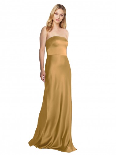 Online Gold A-Linien Trägerlos Stretch-Satin Lange Formale Brautjungfernkleider / Abendkleider / Abiballkleider