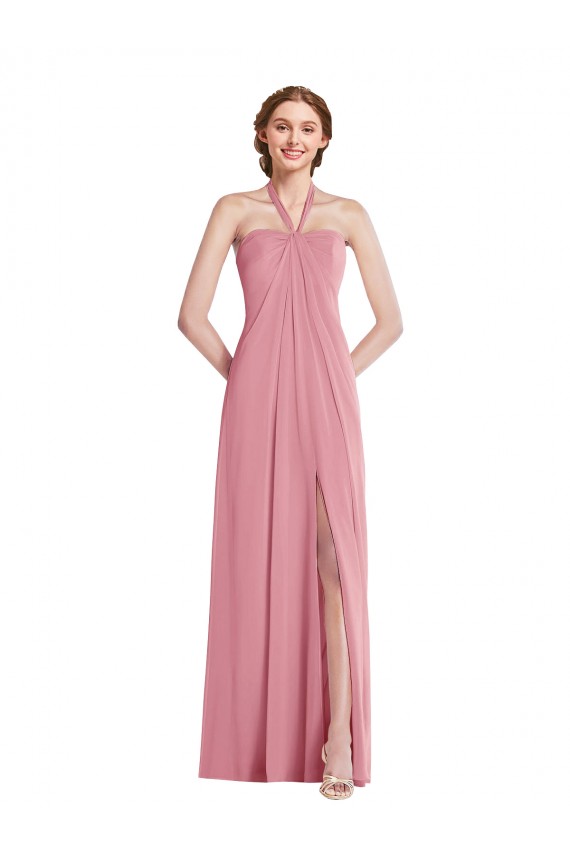 Online Hautrosa A-Linien Neckholder Chiffon Lange Brautjungfernkleider