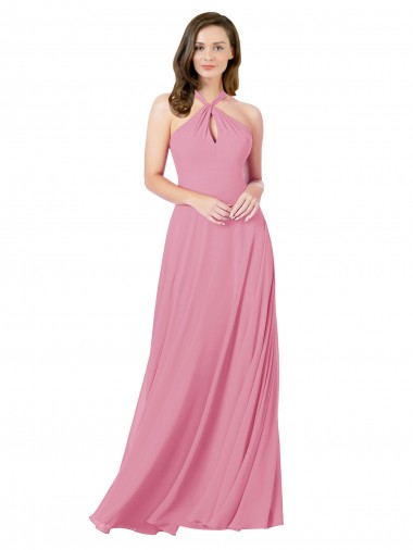 Online Hautrosa A-Linien Neckholder Chiffon Lange Brautjungfernkleider / Abiballkleider