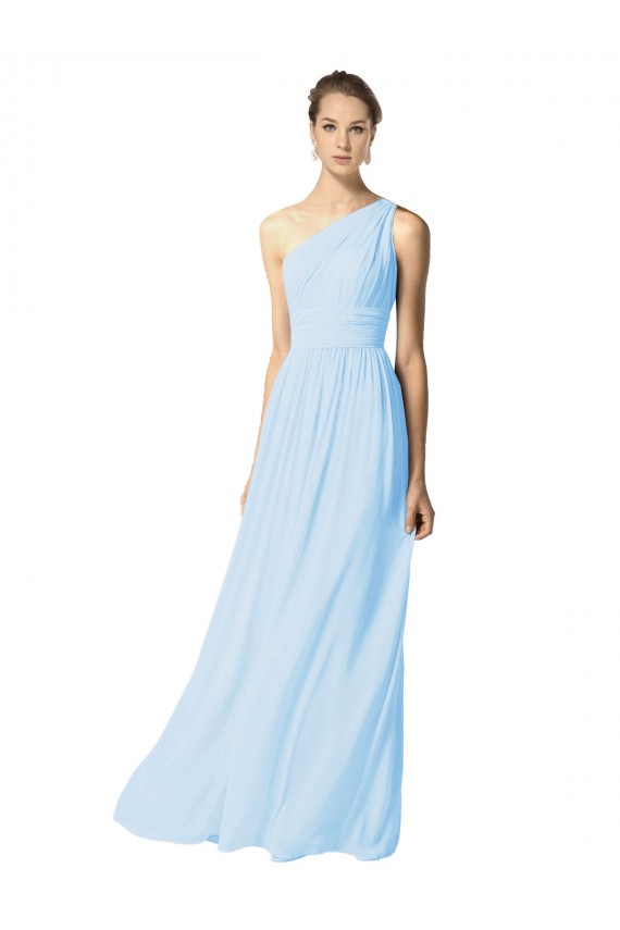Online Helles Himmelblau A-Linien Eine-Schulter Chiffon Lange Brautjungfernkleider