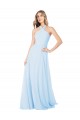 Online Helles Himmelblau A-Linien Neckholder Stehkragen Ausschnitt Chiffon Lange Brautjungfernkleider