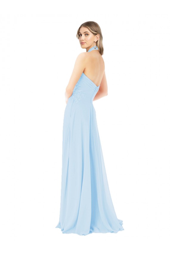 Online Helles Himmelblau A-Linien Neckholder Stehkragen Ausschnitt Chiffon Lange Brautjungfernkleider