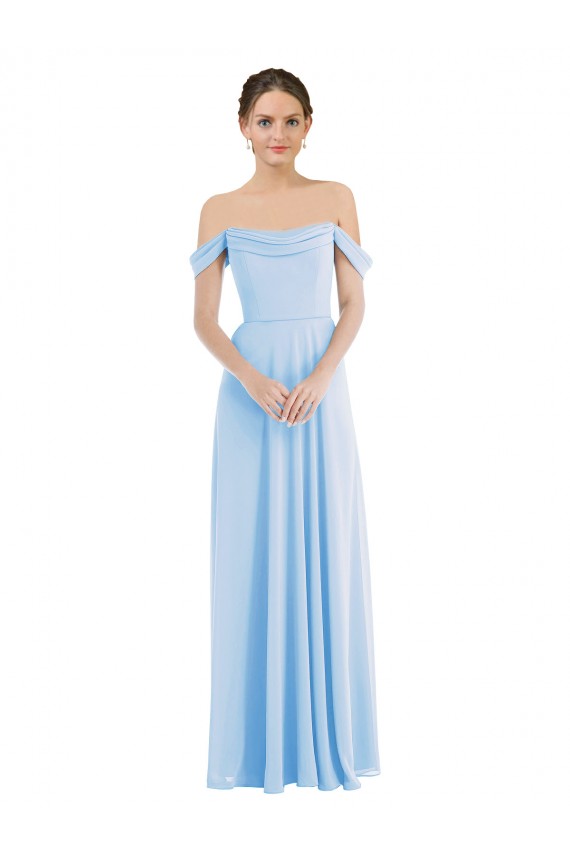 Online Helles Himmelblau A-Linien Off-Schulter Chiffon Lange Formale Brautjungfernkleider / Abendkleider