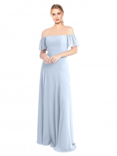 Online Helles Himmelblau A-Linien Off-Schulter Quadrat Ausschnitt Chiffon Lange Brautjungfernkleider