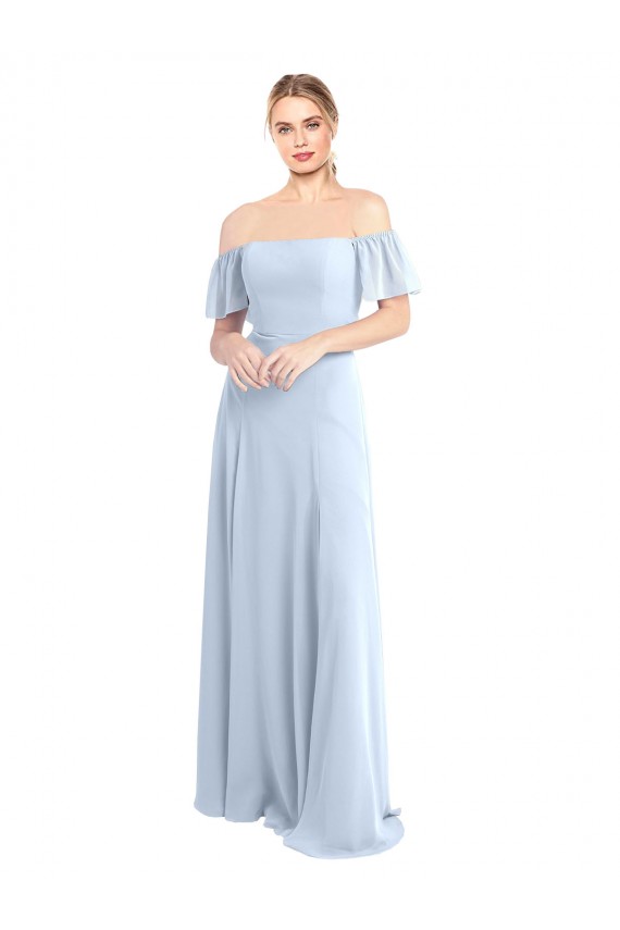 Online Helles Himmelblau A-Linien Off-Schulter Quadrat Ausschnitt Chiffon Lange Brautjungfernkleider