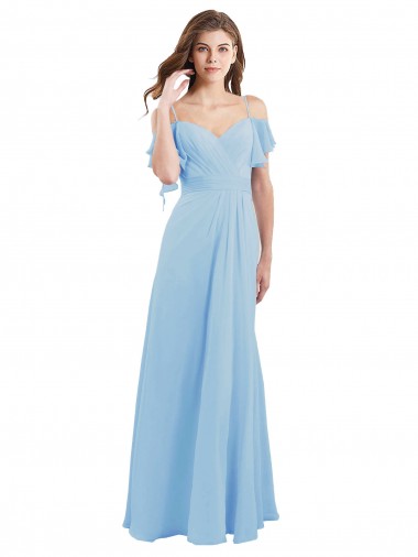 Online Helles Himmelblau A-Linien Spaghetti-Träger Chiffon Lange Brautjungfernkleider