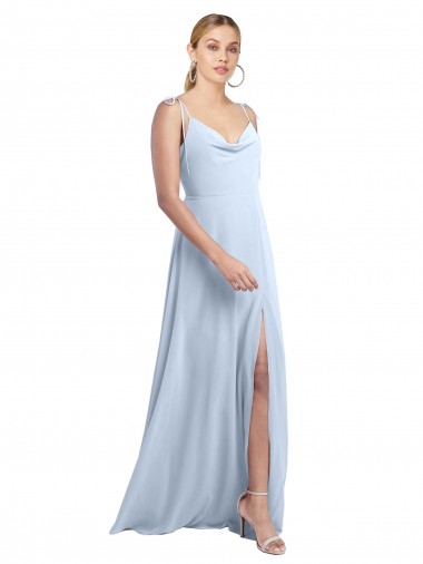 Online Helles Himmelblau A-Linien Spaghetti-Träger Haube Ausschnitt Chiffon Lange Brautjungfernkleider