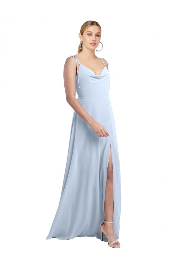Online Helles Himmelblau A-Linien Spaghetti-Träger Haube Ausschnitt Chiffon Lange Brautjungfernkleider