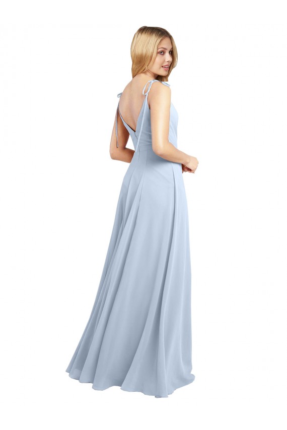 Online Helles Himmelblau A-Linien Spaghetti-Träger Haube Ausschnitt Chiffon Lange Brautjungfernkleider