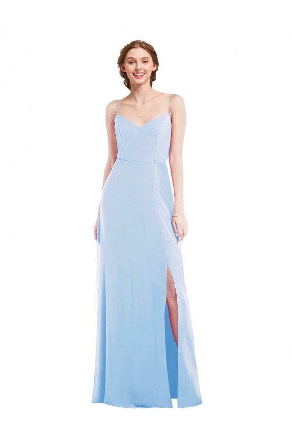 Online Helles Himmelblau A-Linien Spaghetti-Träger V-Ausschnitt Chiffon Lange Formale Brautjungfernkleider / Abendkleider