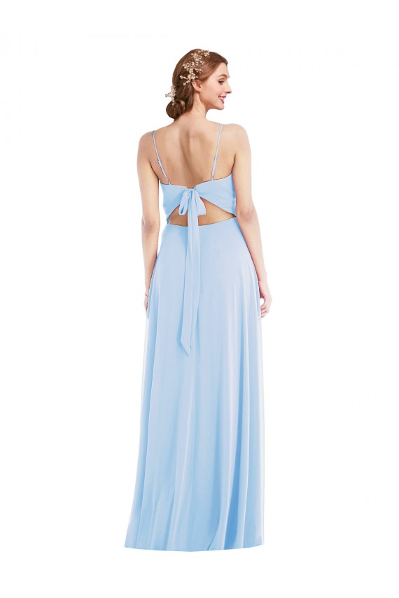 Online Helles Himmelblau A-Linien Spaghetti-Träger V-Ausschnitt Chiffon Lange Formale Brautjungfernkleider / Abendkleider