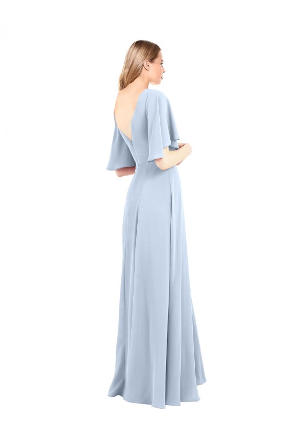 Online Helles Himmelblau A-Linien V-Ausschnitt Chiffon Lange Brautjungfernkleider