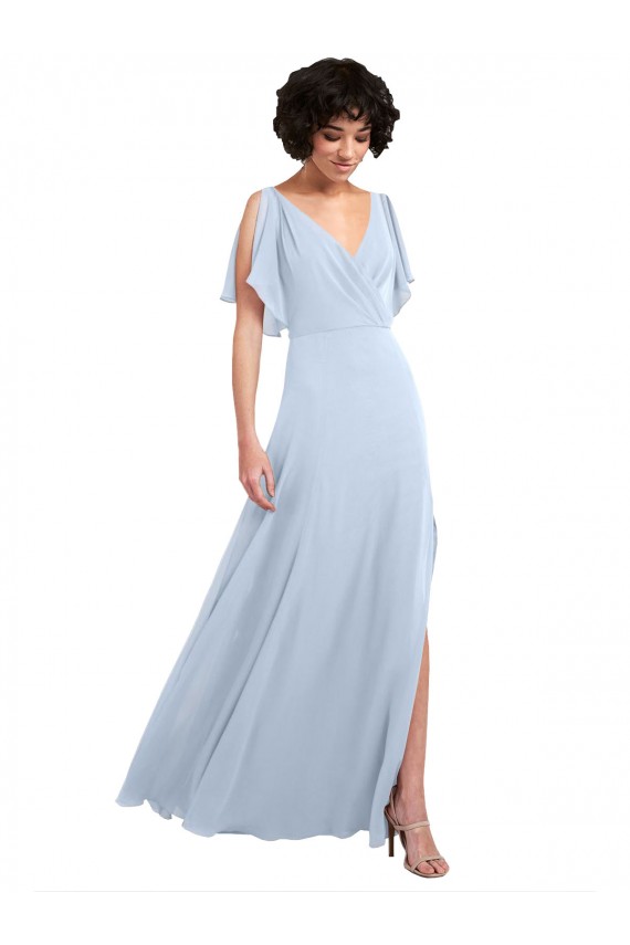 Online Helles Himmelblau A-Linien V-Ausschnitt Chiffon Lange Brautjungfernkleider