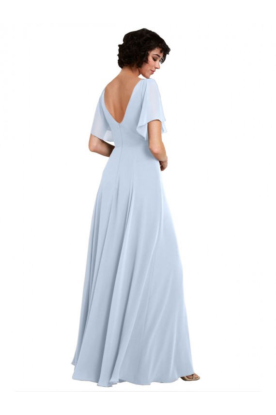 Online Helles Himmelblau A-Linien V-Ausschnitt Chiffon Lange Brautjungfernkleider