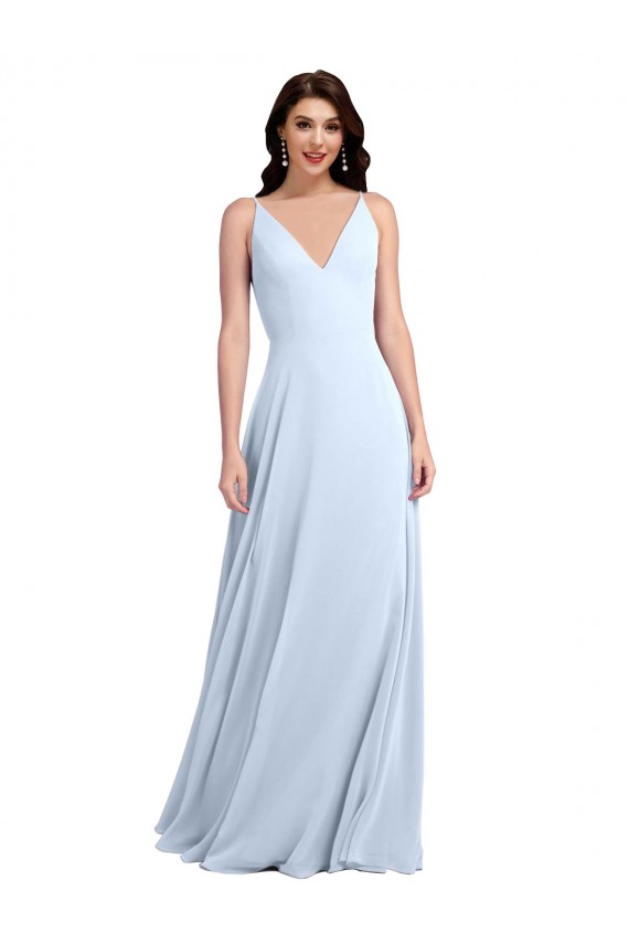 Online Helles Himmelblau A-Linien V-Ausschnitt Chiffon Lange Brautjungfernkleider
