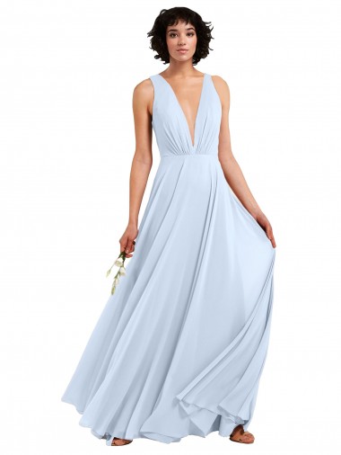 Online Helles Himmelblau A-Linien V-Ausschnitt Chiffon Lange Brautjungfernkleider