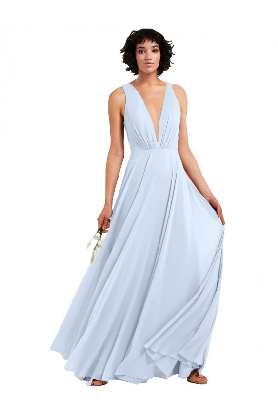 Online Helles Himmelblau A-Linien V-Ausschnitt Chiffon Lange Brautjungfernkleider