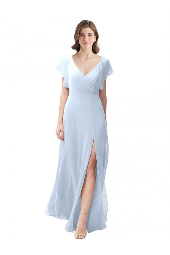 Online Helles Himmelblau A-Linien V-Ausschnitt Chiffon Lange Brautjungfernkleider