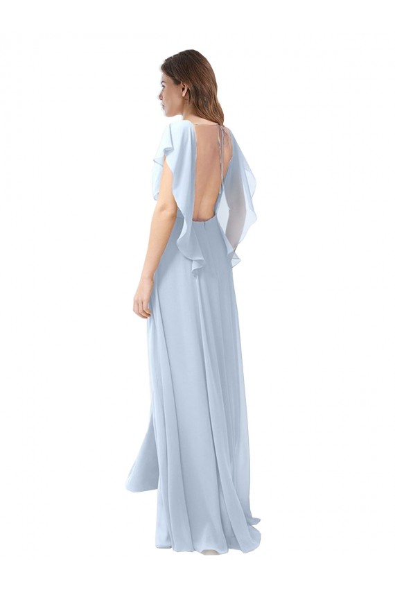 Online Helles Himmelblau A-Linien V-Ausschnitt Chiffon Lange Brautjungfernkleider