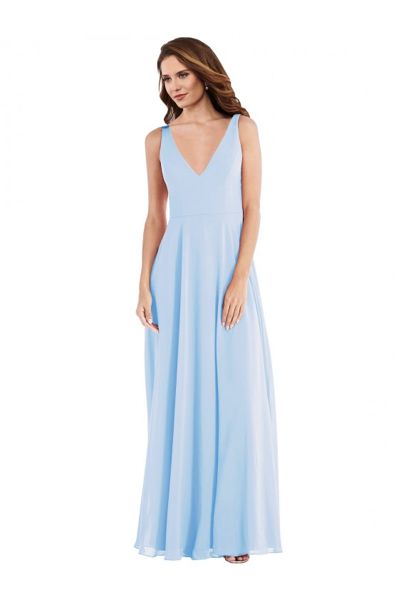 Online Helles Himmelblau A-Linien V-Ausschnitt Chiffon Lange Brautjungfernkleider