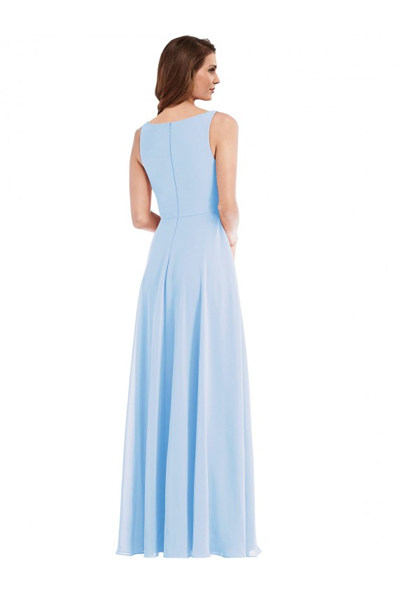 Online Helles Himmelblau A-Linien V-Ausschnitt Chiffon Lange Brautjungfernkleider