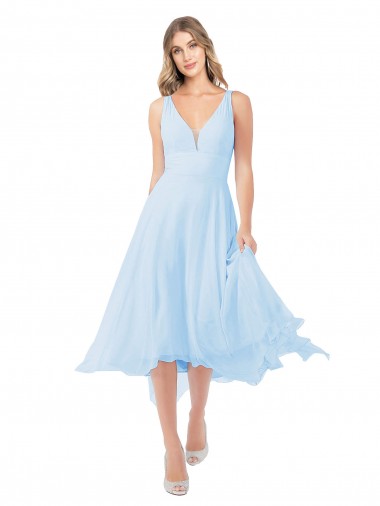 Online Helles Himmelblau A-Linien V-Ausschnitt Midi Chiffon Kurze Brautjungfernkleider / Cocktailkleider / Heimkehr Kleider
