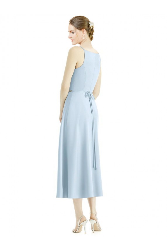 Online Helles Himmelblau A-Linien V-Ausschnitt Wadenlang Satin Lange Brautjungfernkleider