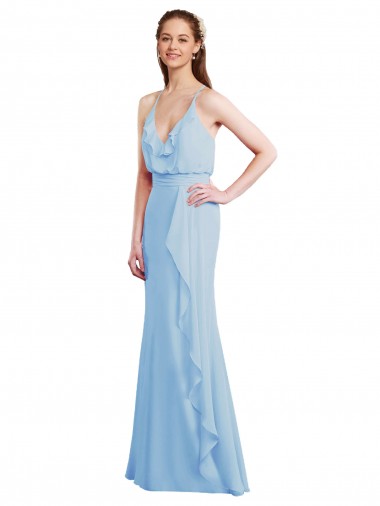Online Helles Himmelblau Meerjungfrau Spaghetti-Träger V-Ausschnitt Chiffon Lange Brautjungfernkleider