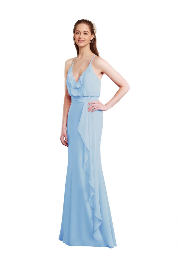 Online Helles Himmelblau Meerjungfrau Spaghetti-Träger V-Ausschnitt Chiffon Lange Brautjungfernkleider