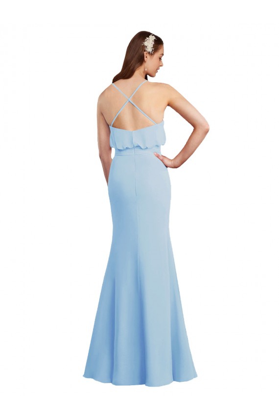 Online Helles Himmelblau Meerjungfrau Spaghetti-Träger V-Ausschnitt Chiffon Lange Brautjungfernkleider