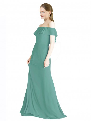 Online Isländisches Silber A-Linien Off-Schulter Chiffon Lange Brautjungfernkleider