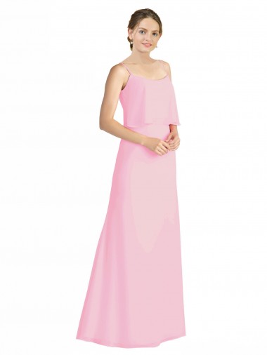 Online Kaum Rosa A-Linien Spaghetti-Träger Chiffon Lange Brautjungfernkleider