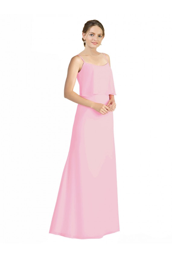 Online Kaum Rosa A-Linien Spaghetti-Träger Chiffon Lange Brautjungfernkleider
