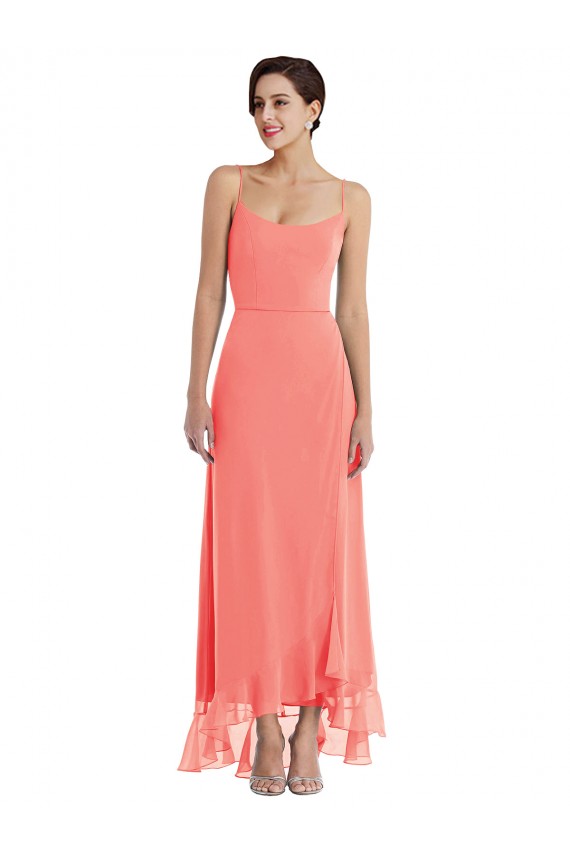 Online Koralle A-Linien Spaghetti-Träger Scoop Chiffon Lange Brautjungfernkleider