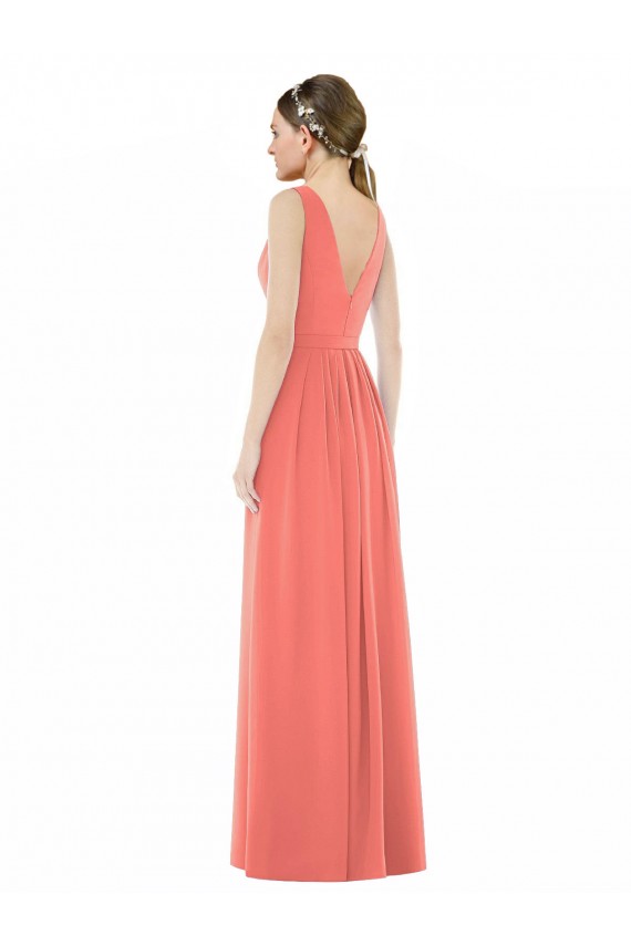 Online Koralle A-Linien V-Ausschnitt Chiffon Lange Brautjungfernkleider