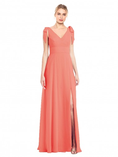 Online Koralle Trompete V-Ausschnitt Chiffon Lange Brautjungfernkleider