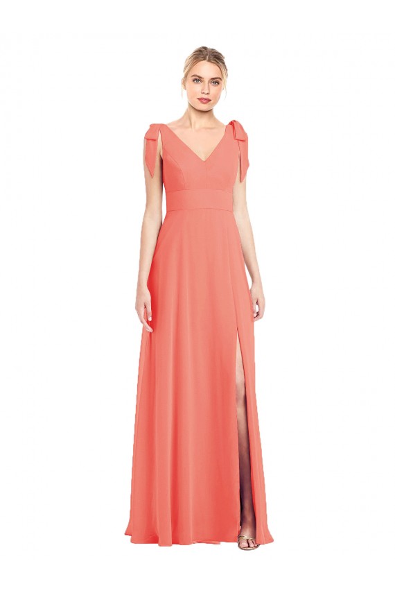 Online Koralle Trompete V-Ausschnitt Chiffon Lange Brautjungfernkleider