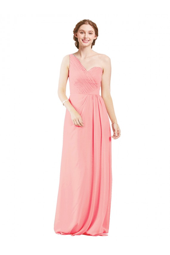Online Lachs A-Linien Eine-Schulter Chiffon Lange Brautjungfernkleider