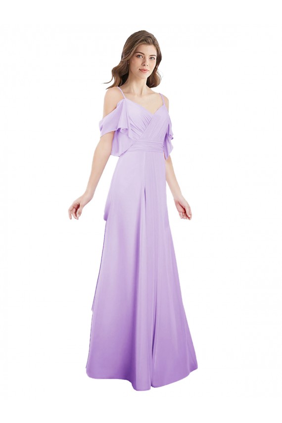 Online Lila A-Linien Off-Schulter Spaghetti-Träger Chiffon Lange Brautjungfernkleider
