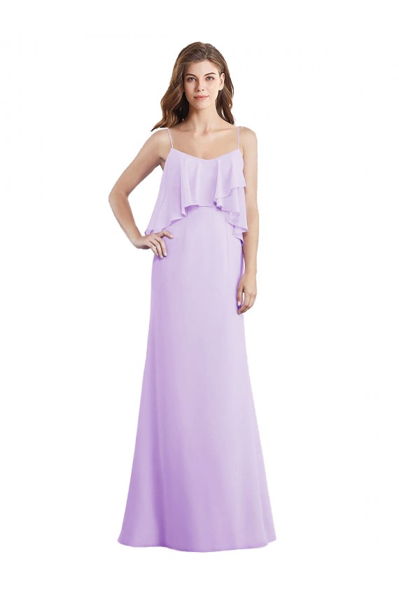 Online Lila A-Linien Spaghetti-Träger Scoop Chiffon Lange Brautjungfernkleider